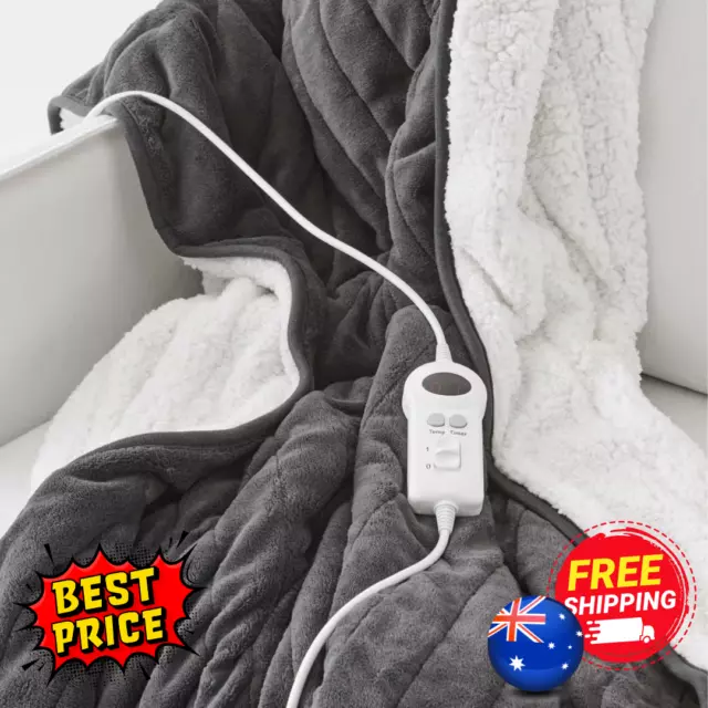 Heated Throw Blanket Electric Warm Sherpa Grey Detachable Controller NEW AUS
