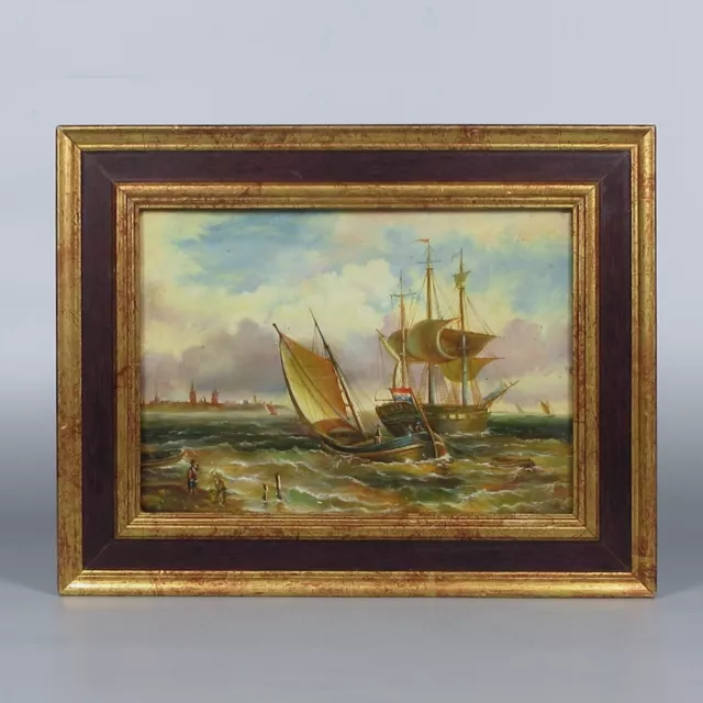 Vintage Dutch Old Master Style Oil Painting Seascape Boats Sailboats Windmill