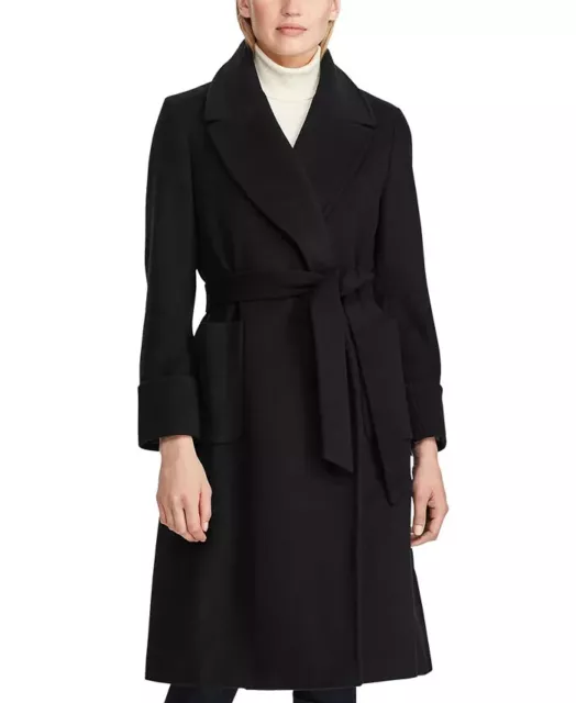 Lauren Ralph Lauren B10606 Womens Black Belted Notched-Collar Wrap Coat Size 0