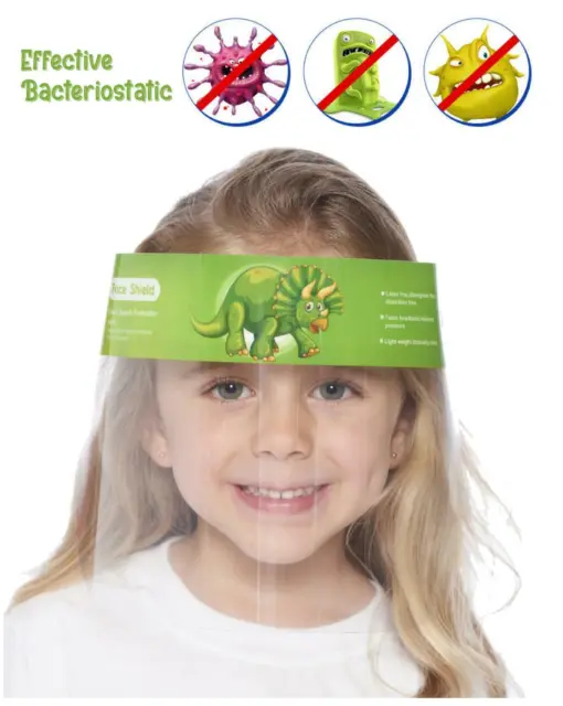 Kids Face Shield Visor Girls Boys Unisex Transparent Safety Cover Green Dino 1Pc