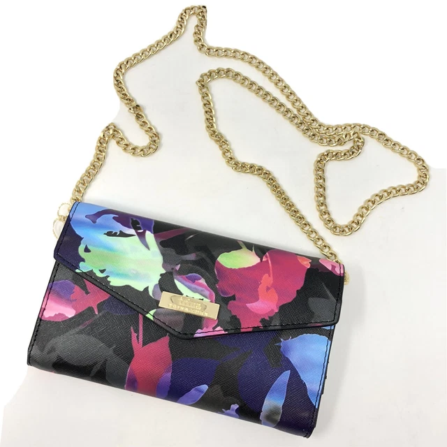TRINA TURK Crossbody purse Bag Black Watercolor Print Saffiano Gold Chain NWT