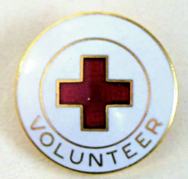 RED CROSS VOLUNTEER red on white enamel pinback button badge HI GRADE