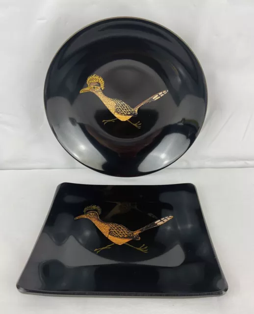 Vintage MCM Couroc Black Lacquer 2pc Bowl Plate Roadrunner Bird Inlaid Wood USA
