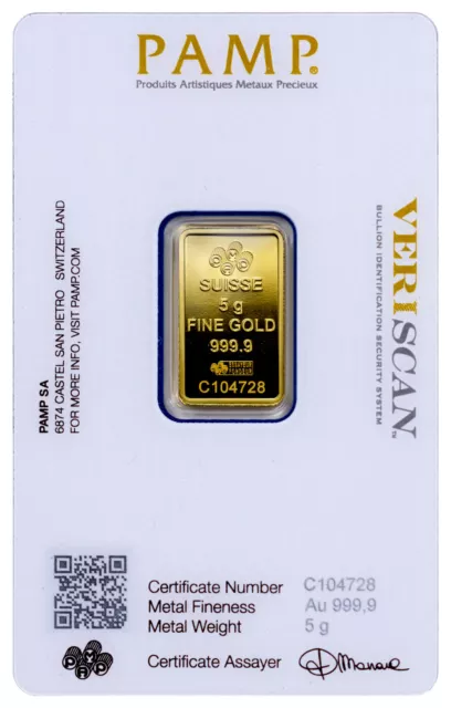 PAMP Suisse 5 grammes 0,9999 lingot d'or - Fortuna avec essai 2