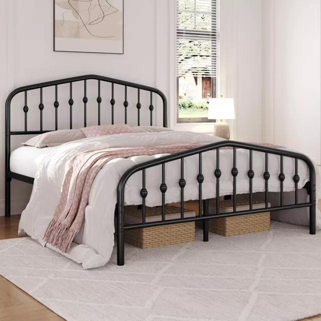 Metal Platform Bed Frame with Crown-inspired Design Headboard for Home Furniture