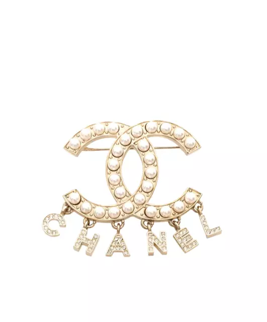 2019 S CHANEL CLASSIC GOLD SMALL CC LOGO PEARLS CRYSTALS BROOCH PIN 