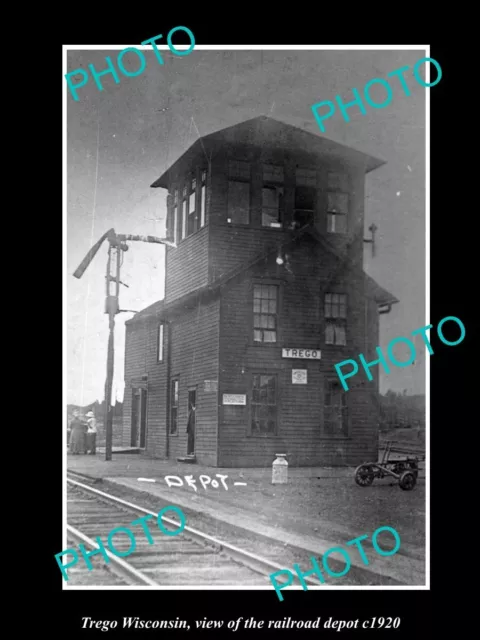 OLD LARGE HISTORIC PHOTO OF TREGO WISCONSIN VIEW OF THE RAILROAD DEPOT c1920