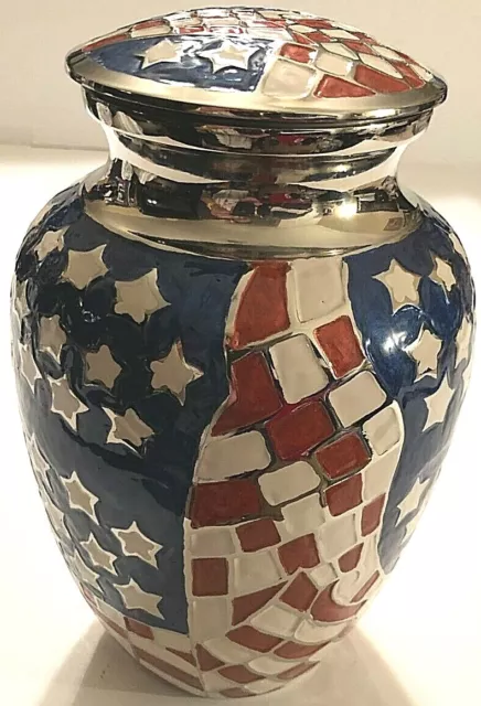 Military Series American Flag Oversized Mosaic USA Brass Cremation Urn 10"