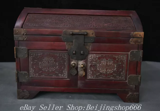 11.8" Old Chinese Huanghuali Wood Dynasty Bat Drawer Mirror Jewelry Storage Box