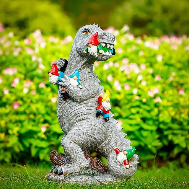 Garden Dinosaur Eating Gnome Statues Outdoor Funny Figurines Sculpture Decor