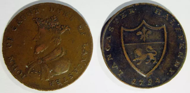 Two 1794 Half Penny John Of Gaunt Duke of Lancaster w/1 Inverted Edge Lettering