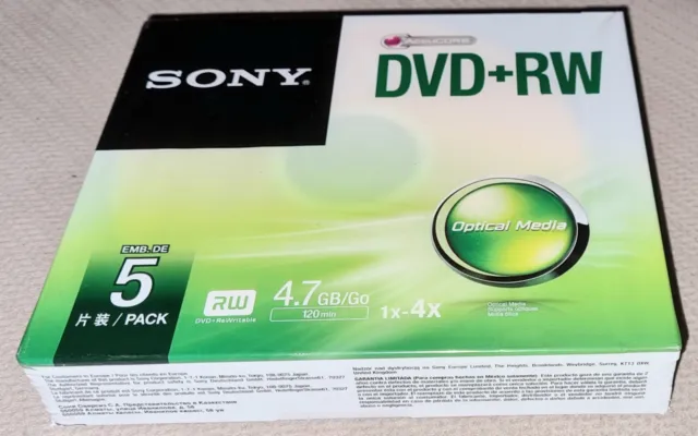 5x SONY DVD+RW Rewritable 1x-4x 4.7GB 120 Min SLIM CASE NEU ✅ wiederbeschreibbar