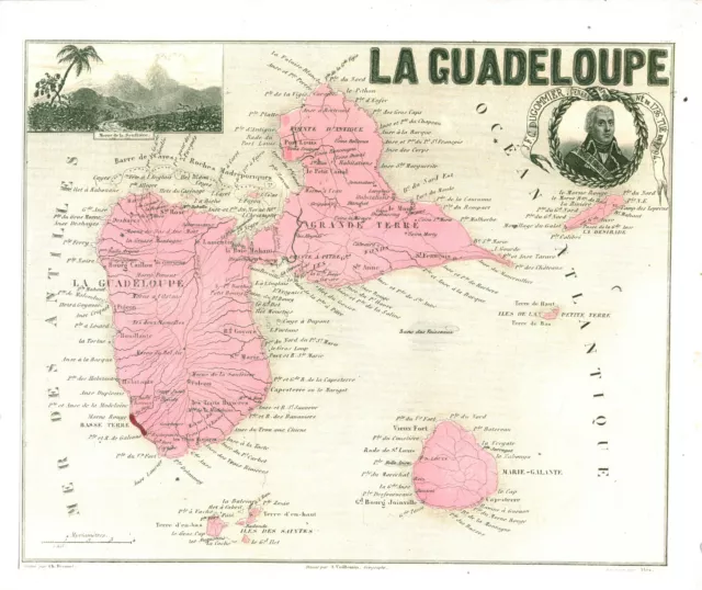 Réédition de gravure ancienne carte région département français la Guadeloupe
