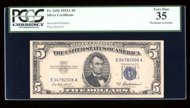DBR 1953-A $5 Silver Fr. 1656 EA Block PCGS 35 Serial E04782006A