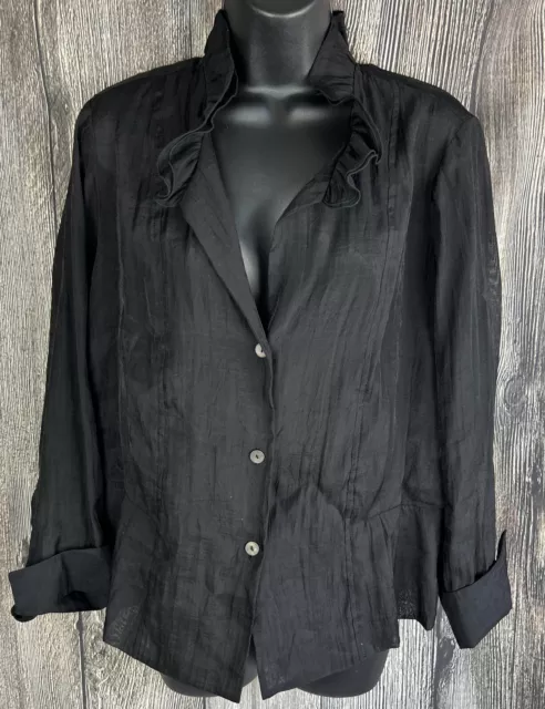 Nic+Zoe Womans Dressy Blouse Size L Black Sheer Crinkle W/Ruffle Long Sleeve Top