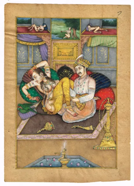 Indianer Miniatur Malerei Von Mughal King & Queen Liebe Szene Kunst 19.1x26.7cm
