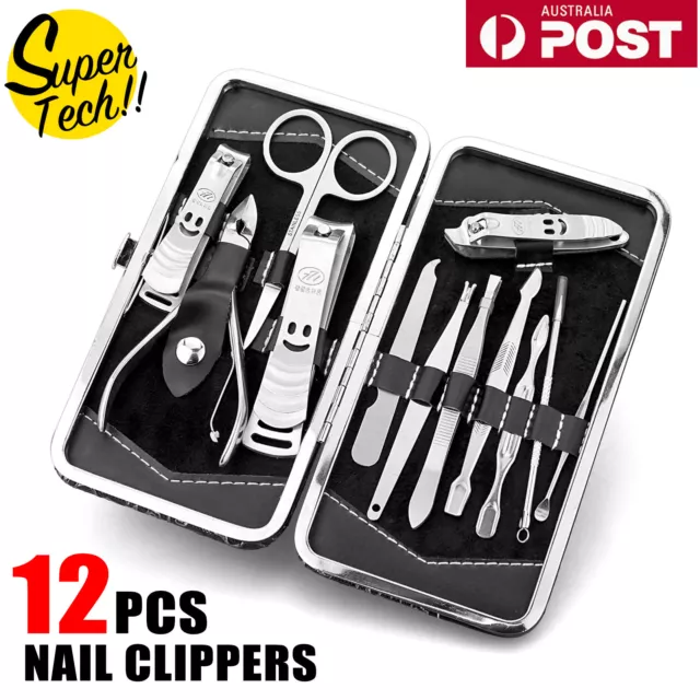 12PCS Nail Clippers Set Stainless Manicure Pedicure Kit Cuticle Grooming Case AU