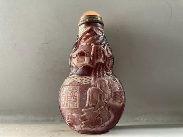 Chinese Exquisite Handmade Landscape figure Carving Glass Snuff Bottle