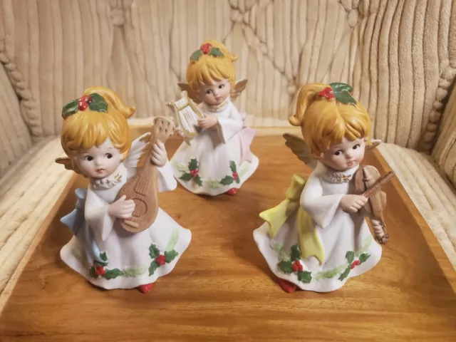 Vintage Homco Figurines Christmas Angels #5551 Musical Instruments Set of 3