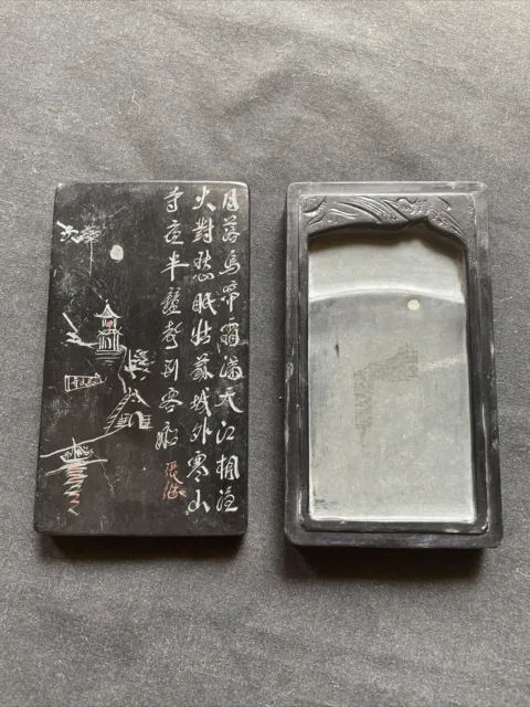 Ink Stone Japanese Chinese Vintage Grinder Calligraphy Box Gazebo Artwork
