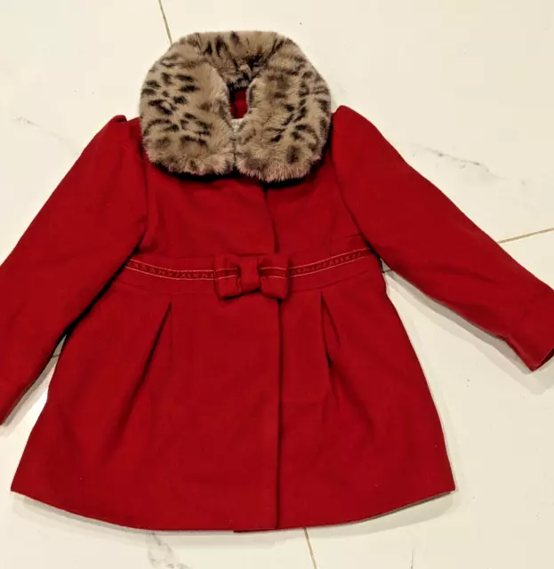 Monsoon - Baby Red Bow Coat / Faux Fur Coller - Age 18 / 24 Months