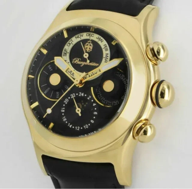 Montre Vintage Burgmeister Stockton Automatique - Phase Lune, Calendrier, Boîtier Doré, Bracelet Cuir Noir