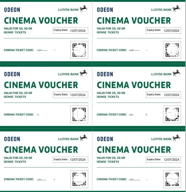 Six Odeon Ticket Vouchers Valid until 12/07/2024