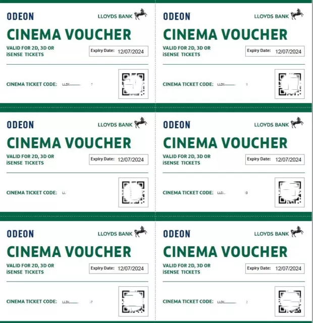 Six Odeon Ticket Vouchers Valid until 12/07/2024