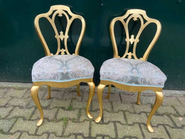 Vintage Pair of 2 Louis XVI Style Chairs From 1960 Re-Upholstered With Damask