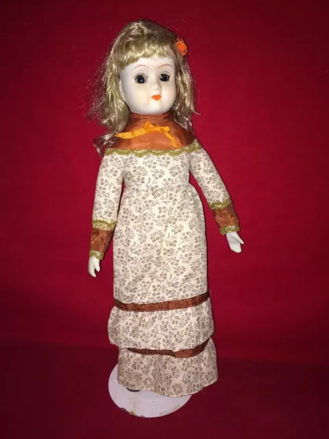 Vintage Antique White Porcelain Doll 17" Girl In Print Dress