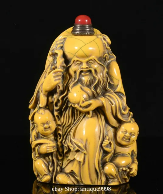 3.1'' Old Chinese Bone Shouxing God Of Longevity Peach Tongzi Boy Snuff Bottle