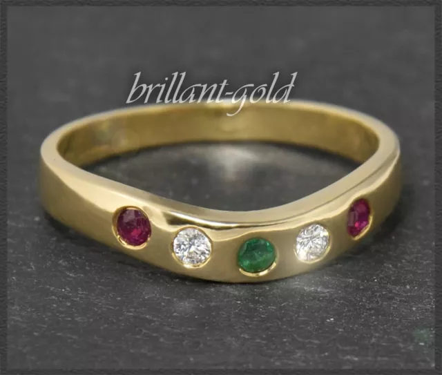 Diamant, Rubin & Smaragd Ring, 0,25ct Edelsteine, 750 Gelbgold Bandring