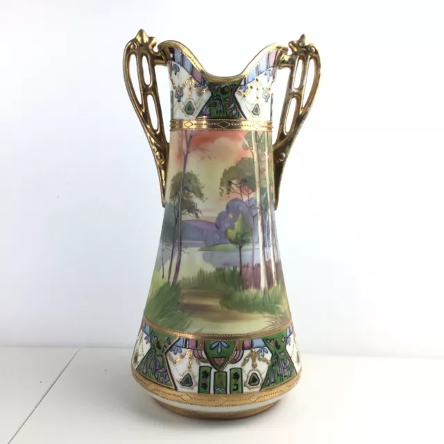 13” Antique Nippon Porcelain Vase Handpainted Gilt Trimmed *Flaws*