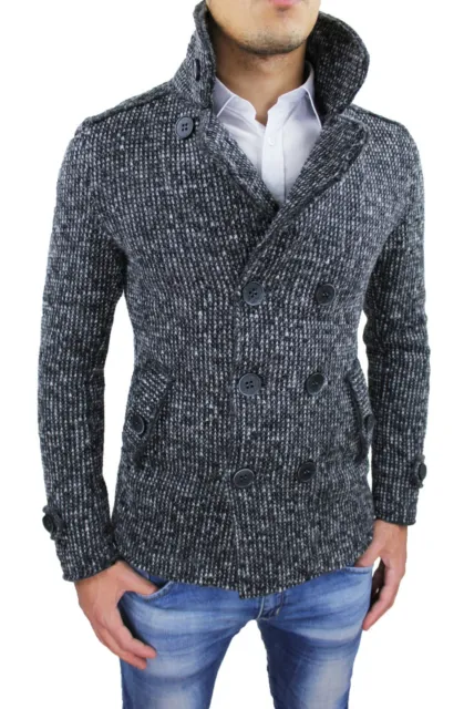 Cappotto giacca uomo Invernale grigio nero Tweed giubbotto trench slim fit lana