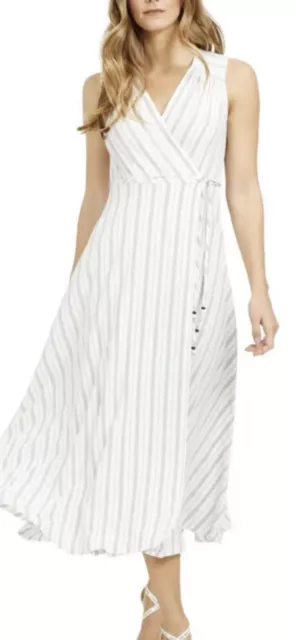 Calvin Klein  White Striped Sleeveless V Neck  Faux Wrap Dress Size 2. Brand New