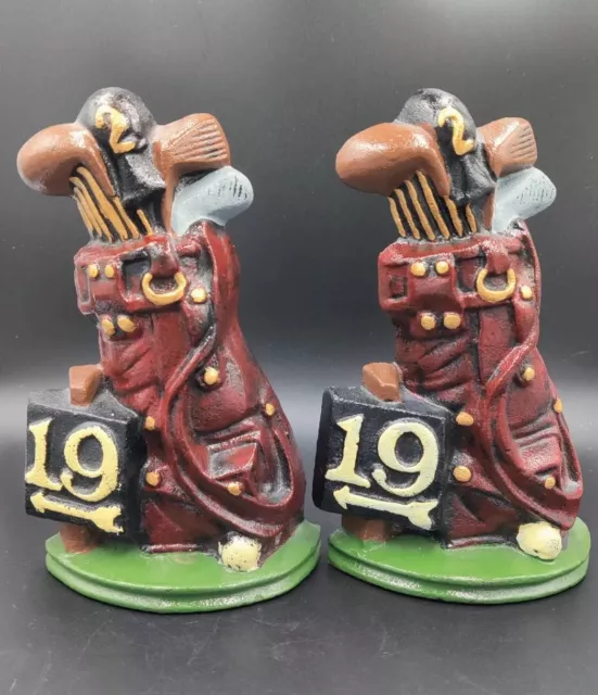Vintage Cast Iron 19th Hole Golf Bag #2 Club Door Stops Book Ends 2pc
