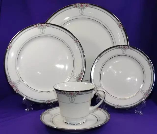 5 Pc Place Setting Legendary By Noritake Seance Dinnerware Pink Rose Platinum