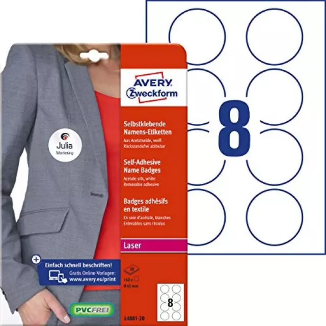 Avery 91782 Etichette Badge Per Tessuti Rotonde, 8Et/Fg, 20Fg Laser, Bianco, Ø6