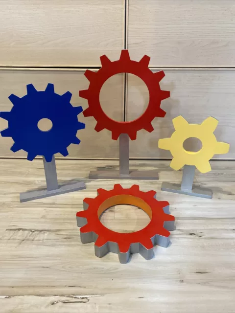 Painted Wooden Robot Gear Decor/ Wall Art, Multicolored, Modern, Set Of 4, Boys