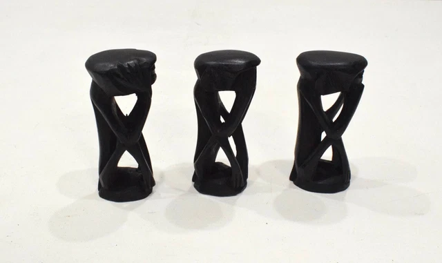 African Carved See Hear Say No Evil Ebony Monkey Figure Set 3