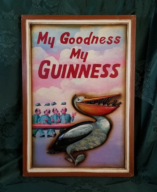 QUADRO ARREDO GUINNESS PANNELLO INSEGNA PUB IN LEGNO PELLICANO ALTORILIEVO '70s