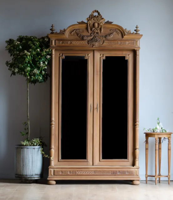 French Antique Oak Armoire Wardrobe Linen Press with Shelves and Mirrored Doors