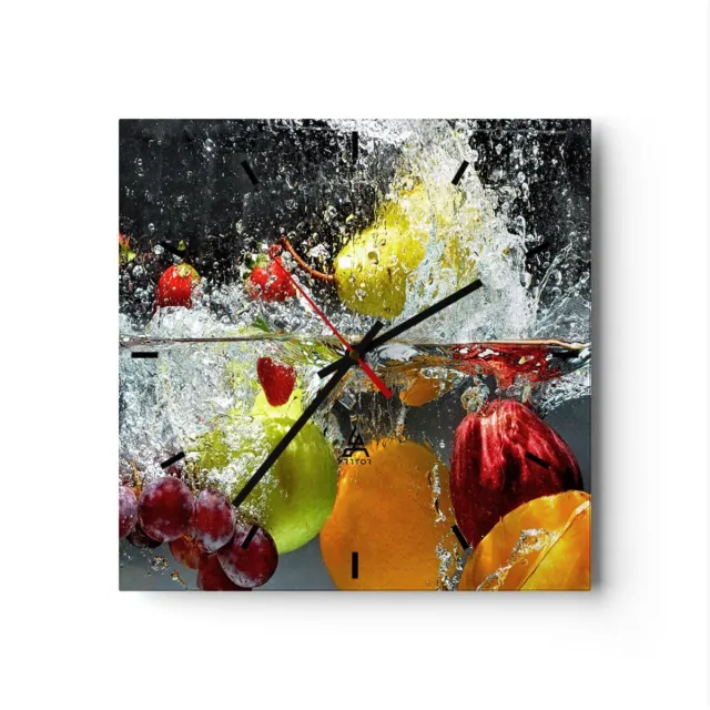 Wall Clock 40x40cm Silent Glass Clock Fruits Water Splash food Non Ticking Art