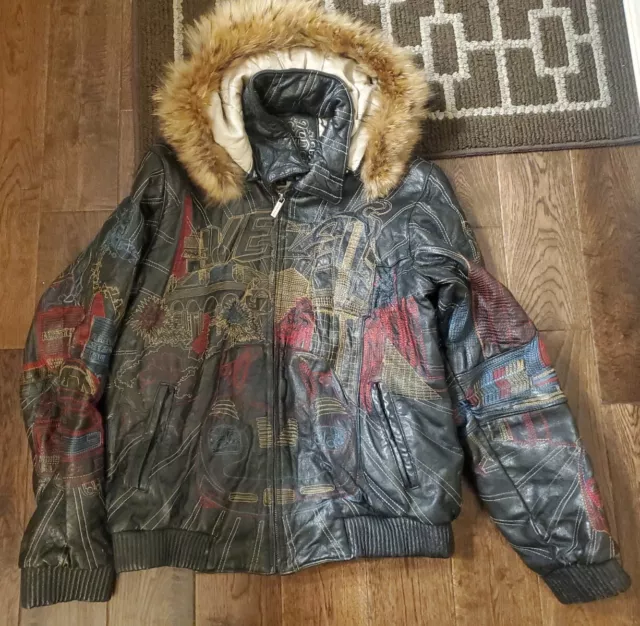 Rare Vintage Desert Well "Las Vegas" Faux Fur Hooded Leather Jacket Women's 2Xl