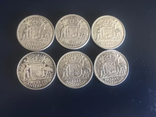Australia 1 Florin 1940  , 1941 X 2, 1943, 1944 x 2  KGVI , 6 nice coins