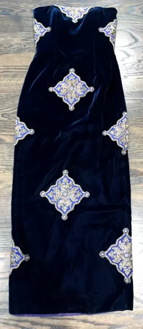 Bill Blass Vintage Gold Jewel Embroidered Blue Velvet Long Maxi Gown Dress US 4