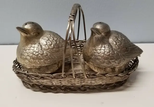 Vintage Silver Plated Two Birds Chicks In Basket Cruet Set Salt & Pepper Shakers