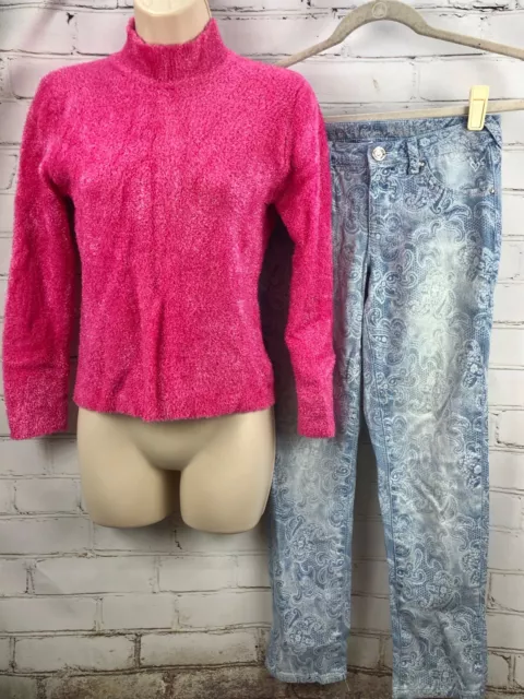 Justice Printed Jegging Jeans + Limited Too Fuzzy Sweater Outfit Set Pink Sz 14