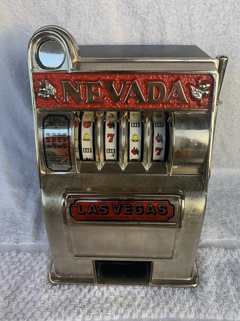Vintage Coin Bank 12” Toy Metal Slot Machine Casino Las Vegas Nevada See Descrip