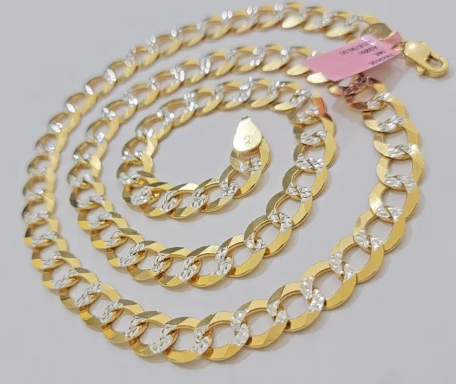 Solid 14k Gold Chain necklace Cuban Curb Link  9.5mm Two-Tone Diamond Cut 20-30" 2